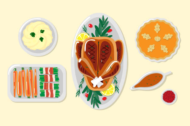 illustrazioni stock, clip art, cartoni animati e icone di tendenza di illustrazioni della cena del ringraziamento - christmas dinner food turkey