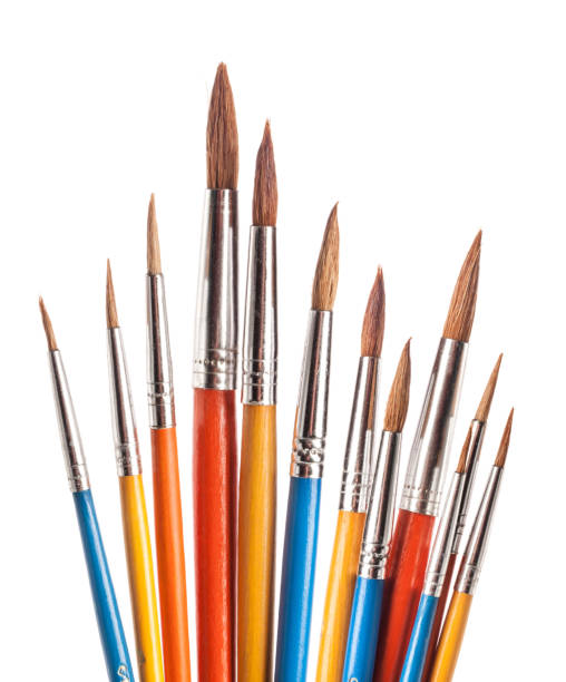 paint brushes isolated on the white background - artists canvas yellow white red imagens e fotografias de stock