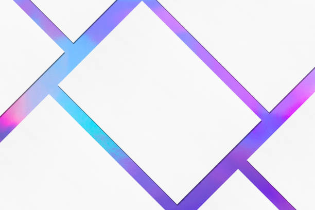 Close up of empty white rectangle poster mockups lying diagonally with soft shadow on holographic background. Flat lay, top view. Open composition.