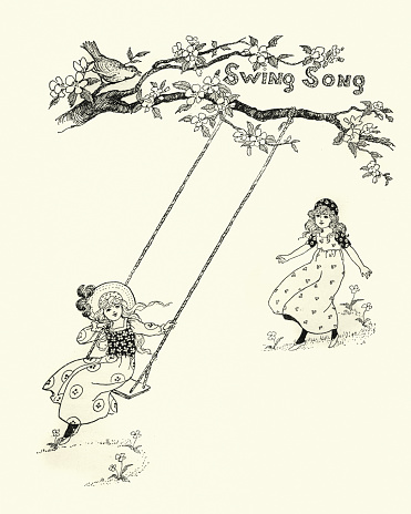 Vintage engraving of Victorian girls playing on a swing, the swing song, 19th Century