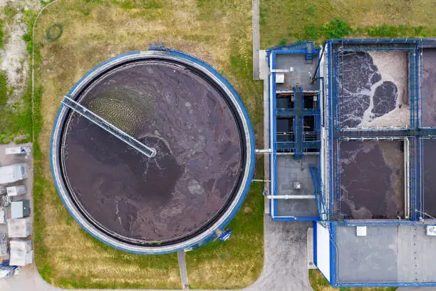 Water Treatment Plant with Round Cylinder of Clarifier Sedimentation Tank, Aerial Top View.