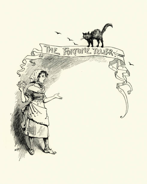 Fortune Teller and her black cat Vintage engraving of a Fortune Teller and her black cat, Victorian, 19th Century cat witch stock illustrations