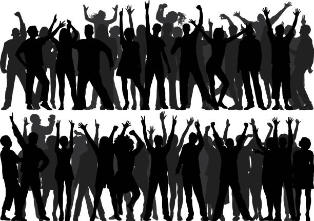 illustrazioni stock, clip art, cartoni animati e icone di tendenza di folla (le persone sono complete e spostabili) - cheering group of people silhouette fan