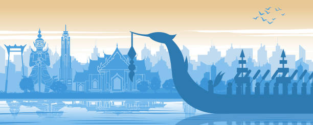 ilustrações de stock, clip art, desenhos animados e ícones de thailand famous landmark in scenery design and royal thai boat silhouette design in blue and orange yellow color - thailand thai culture travel buddha
