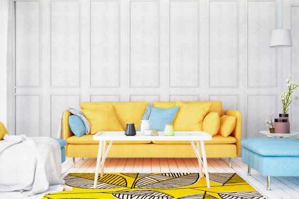 salle de séjour lumineuse moderne avec le sofa - decor yellow white blue photos et images de collection