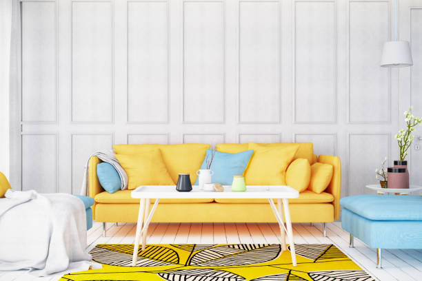 ��소파가 있는 모던 브라이트 거실 - decor yellow white blue 뉴스 사진 이미지