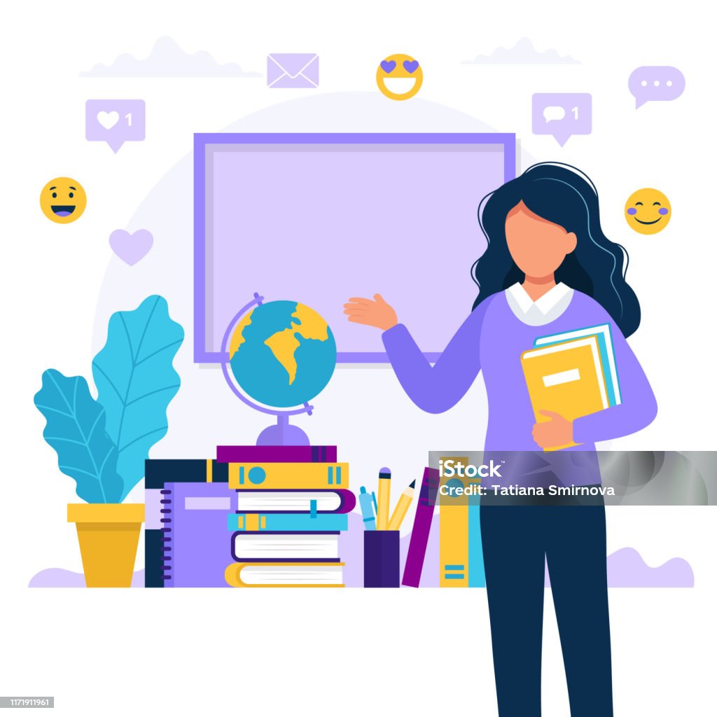 Female teacher with books and chalkboard. Concept illustration for school, education, university. Vector illustration in flat style Vector illustration in flat style Teacher stock vector