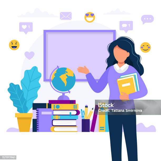 Female Teacher With Books And Chalkboard Concept Illustration For School Education University Vector Illustration In Flat Style Stock Illustration - Download Image Now
