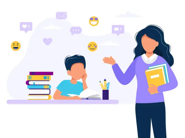 Vector illustration of Female teacher and boy studying. Concept illustration for school, education. Vector illustration in flat style