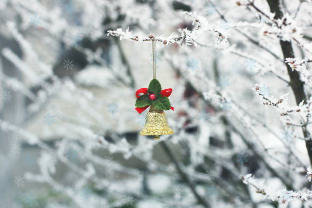 istock New Year`s bell. Christmas toy on a tree in winter 1171912991