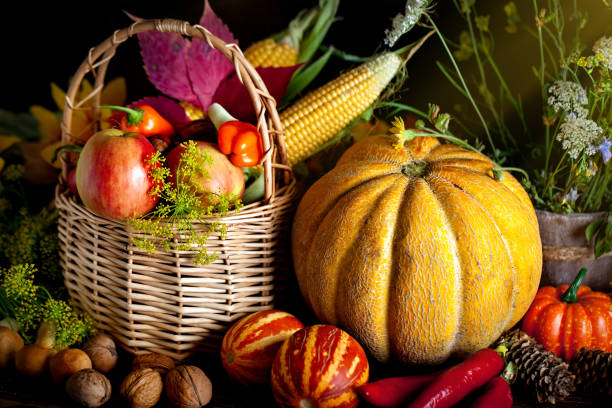 The table, decorated with vegetables and fruits. Harvest Festival. Happy Thanksgiving. Autumn background. Selective focus. The table, decorated with vegetables and fruits. Harvest Festival. Happy Thanksgiving. Autumn background. Selective focus. Horizontal. harvest festival stock pictures, royalty-free photos & images