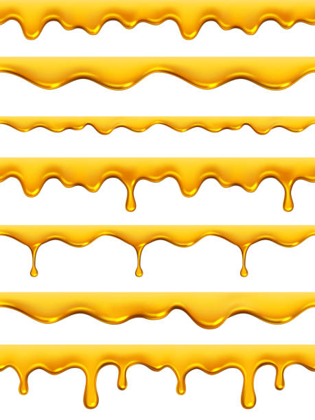 ハチミツがシームレスに滴り落ちる。イエローゴールデン天然物ハチミツは、現実的なシロップ液体オイルベクトルパターンコレクションを飛び散らします - sticky点のイラスト素材／クリップアート素材／マンガ素材／アイコン素材