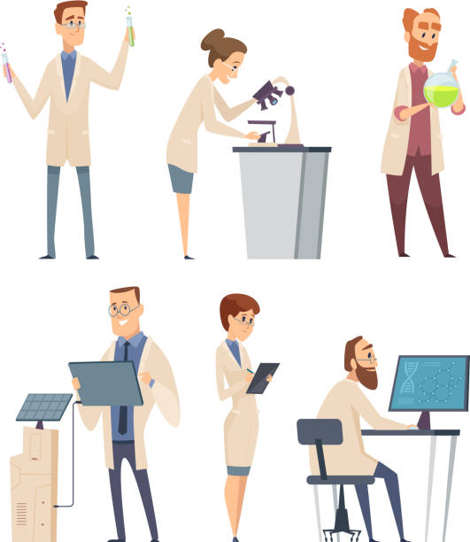 과학 문자입니다. 실험실 연구 벡터 사람들에서 일하는 약사 현대 생물학자 기술자 강사 - healthcare and medicine smiling group of people lab coat stock illustrations