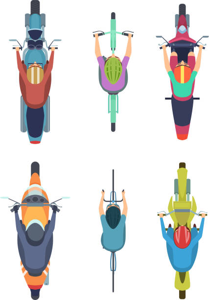 ilustrações, clipart, desenhos animados e ícones de vista superior da bicicleta. ciclismo pessoas motocicletas tráfego motor bike na estrada coleção de desenhos animados do vetor - motor scooter vacations motor vehicle usa