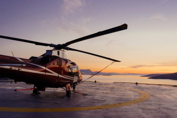Helicopter parking landing on offshore platform, Helicopter transfer passenger