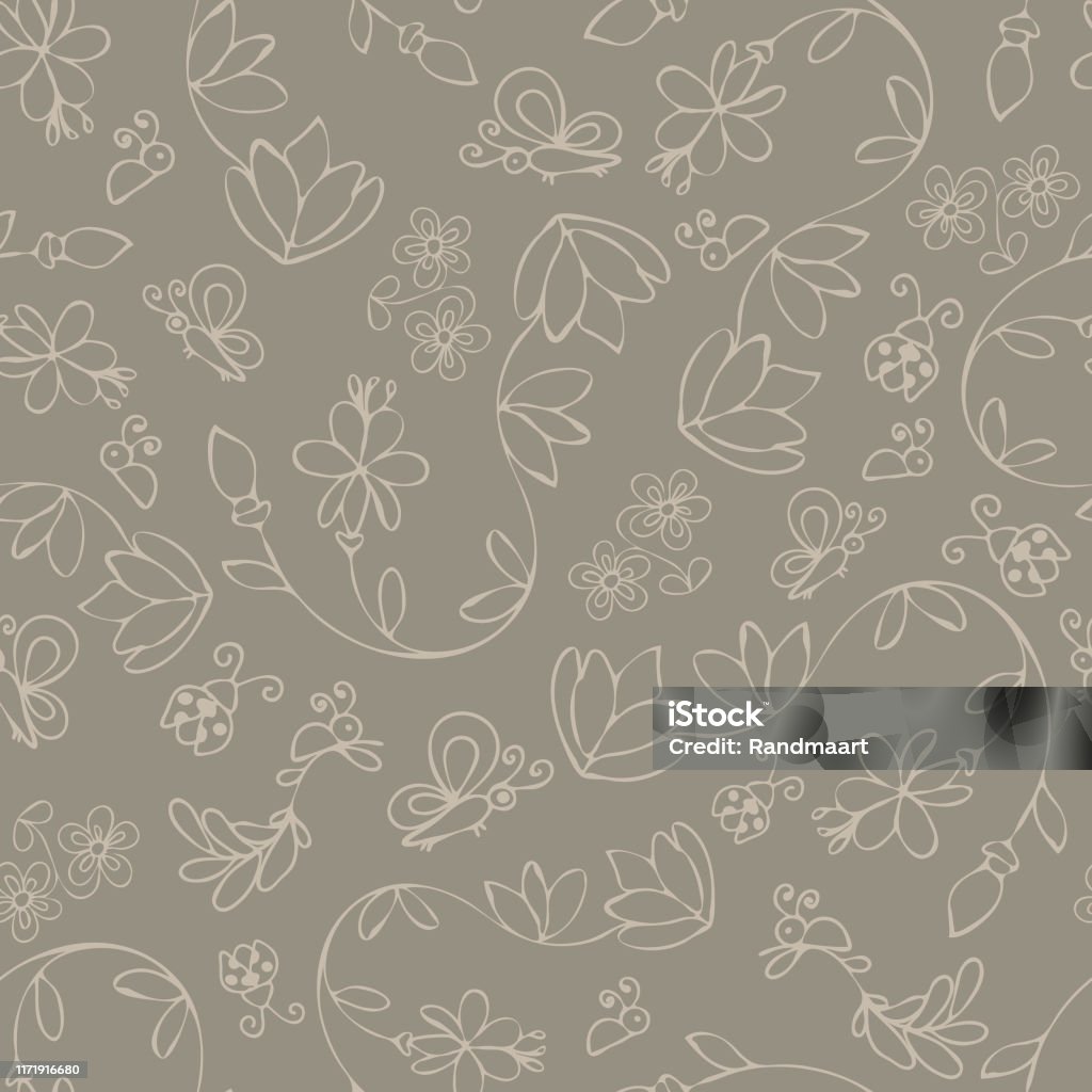 Bug Pattern Grey Gentle Bugs And Flowers Seamless Vector Pattern Retro Gray Background ...