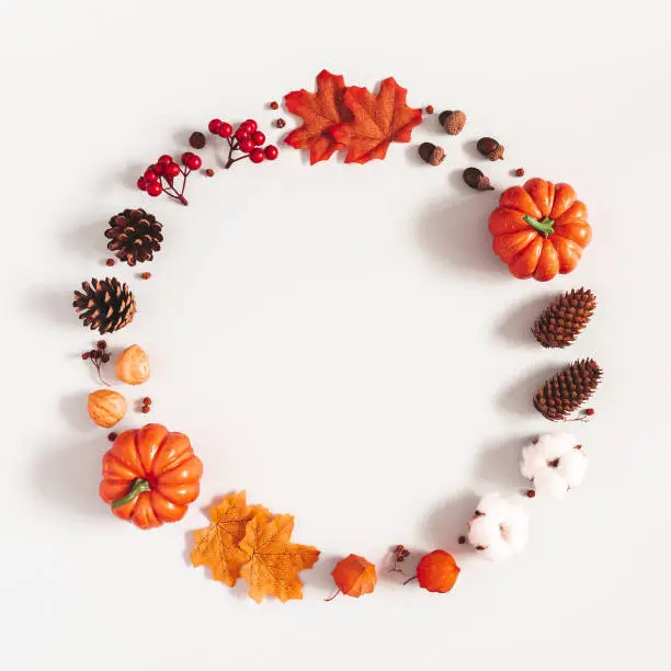 Photo of Autumn composition. Wreath made of pumpkins, flowers, leaves on gray background. Autumn, fall, halloween, thanksgiving day concept. Flat lay, top view, copy space, square