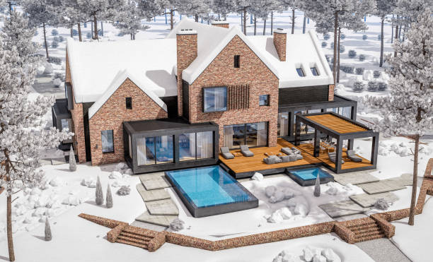 istock 3d rendering of modern clinker house on the ponds with pool in winter day 1171918355