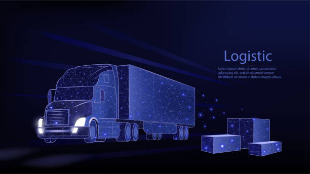 ilustrações de stock, clip art, desenhos animados e ícones de truck. abstract vector 3d heavy lorry van. isolated on blue. transportation vehicle, delivery transport, cargo logistic concept. freight shipping, international delivering industry. - trucking