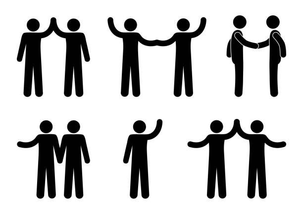 handshake icon, stick figure man, people hold hands, human silhouette handshake icon, stick figure man, people hold hands, human silhouette, stickman pictogram pics of the man waving stock illustrations