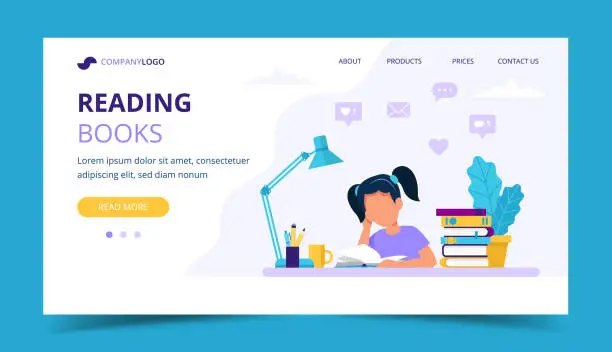 Vector illustration of Girl reading a book landing page. Concept illustration for children education and studying. Vector illustration in flat style