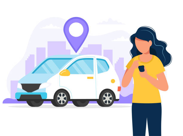 ilustrações de stock, clip art, desenhos animados e ícones de carsharing concept. woman with smartphone with an app to find a car location. car rental service via mobile app. vector illustration in flat style - car driving women driver