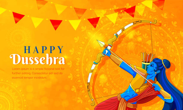 illustrazioni stock, clip art, cartoni animati e icone di tendenza di illustrazione di lord rama uccidere ravana nel poster del festival indiano di navratri per happy dussehra. - montone