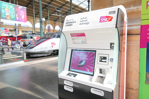 Paris France - May 21, 2019: Gare du Nord train station ticket vending machine Paris France