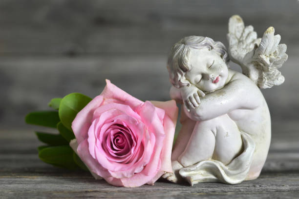istock Angel and rose on wooden background 1171923236