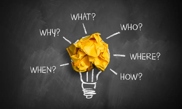crumpled paper with the words "when, why, what, who, where, how" crumpled paper on a blackboard with the words "when, why, what, who, where, how" market research stock pictures, royalty-free photos & images