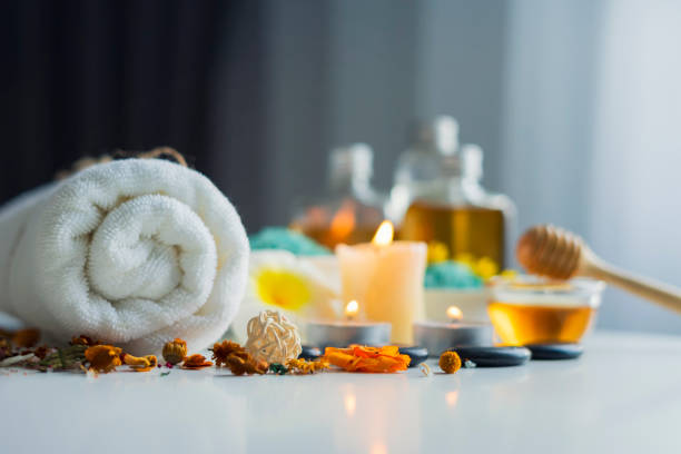 Composition of spa and wellness products on table