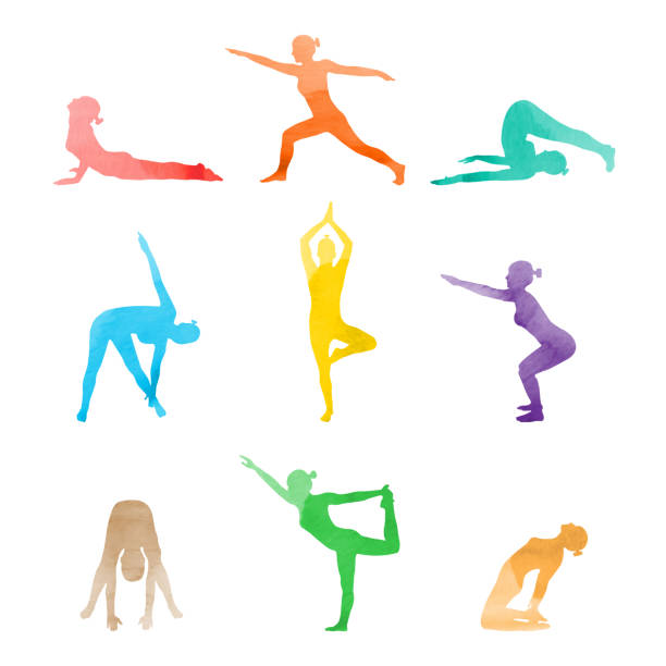 ilustraciones, imágenes clip art, dibujos animados e iconos de stock de conjunto de mujer acuarela en varias posturas de yoga estirando. vector - relaxation yoga adult balance