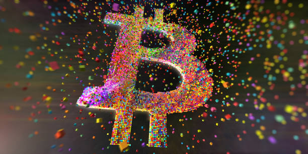 An abstract image of many multi-coloured cubes moving at speed through space, coming together to form a multi-coloured Bitcoin logo against a dark background. With motion blur and bokeh effects.