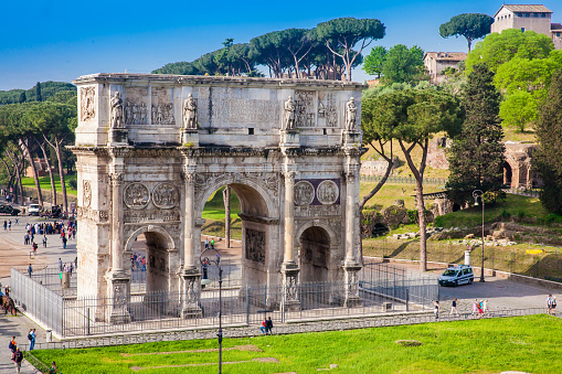 The Arch of Constantine a triumphal arch in Rome, situated between the Colosseum and the Palatine Hill built on the year 315 AD