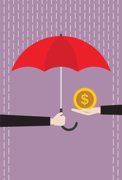 ilustrações, clipart, desenhos animados e ícones de homem de negócios com um guarda-chuva vermelho que protege a moeda do dólar da chuva - security umbrella rain currency