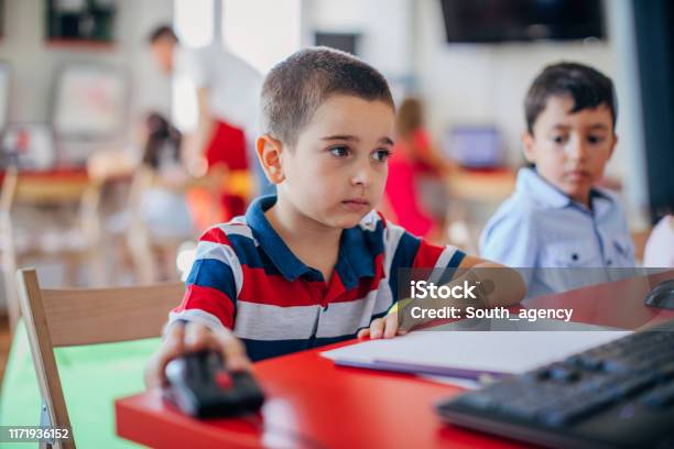 Schoolboy Using Computer Boy In Elementary School Using Computer Stock Photo - Download Image ...