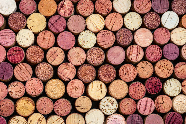 tappi per vino modello. vari tappi di vino in legno come sfondo. concetto di cibo e bevande - champagne cork foto e immagini stock