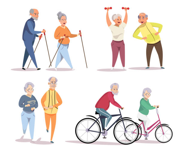 ilustrações de stock, clip art, desenhos animados e ícones de elderly people doing sport flat illustrations set - nordic running