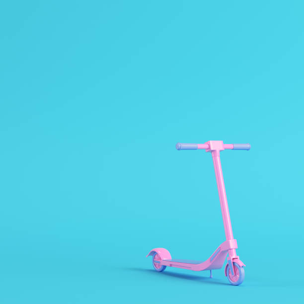 Pink kick scooter on bright blue background in pastel colors. Minimalism concept. 3d render