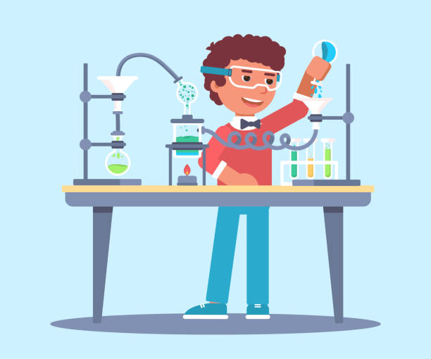 Student in laboratory flat vector illustration Student in laboratory flat vector illustration. Young boy, scientist in protective glasses pouring liquid in lab glassware cartoon character. Pupil doing experiment, test at chemistry lesson at school hot male drawing stock illustrations
