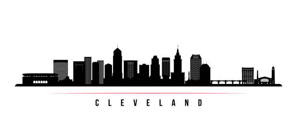 ilustraciones, imágenes clip art, dibujos animados e iconos de stock de bandera horizontal del horizonte de cleveland city. silueta en blanco y negro de cleveland city, ohio. plantilla vectorial para su diseño. - oh beautiful