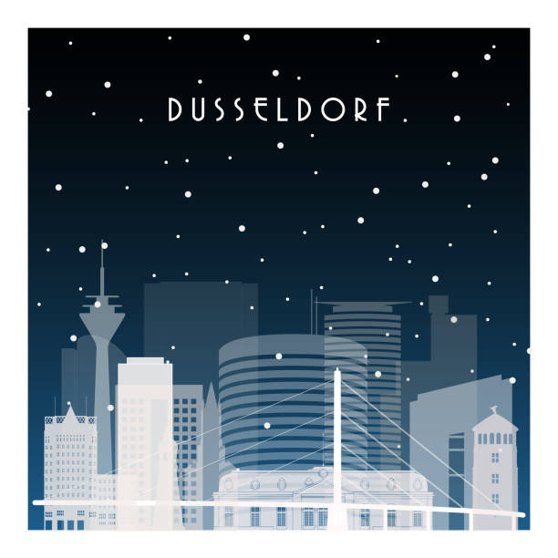 stockillustraties, clipart, cartoons en iconen met winter nacht in düsseldorf. night city in platte stijl voor banner, poster, illustratie, achtergrond. - dusseldorf