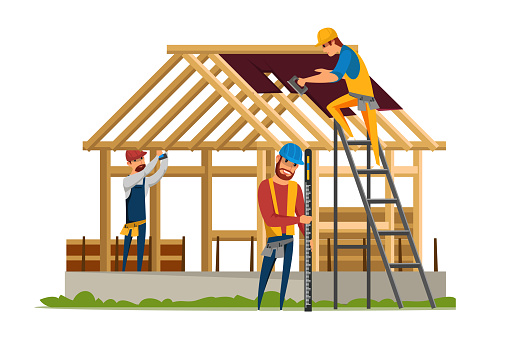Roofing construction flat vector illustration. House building site, home walls and roof structure. Roofers, carpenters cutting wood male cartoon characters. Professional builders working drawing