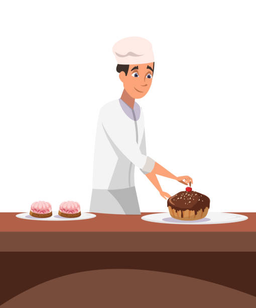 ilustrações de stock, clip art, desenhos animados e ícones de cakes making process flat vector illustration - characters cooking chef bakery