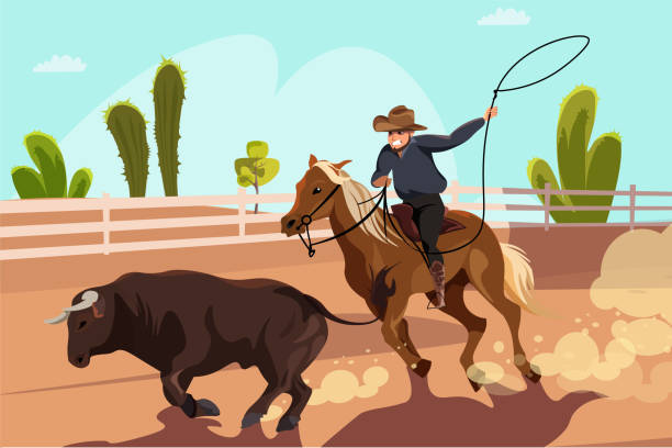 Rodeo competition flat vector illustration Rodeo competition flat vector illustration. Cartoon cowboy riding horse on arena, following bull with lasso. Traditional Wild West fun stampeding stock illustrations