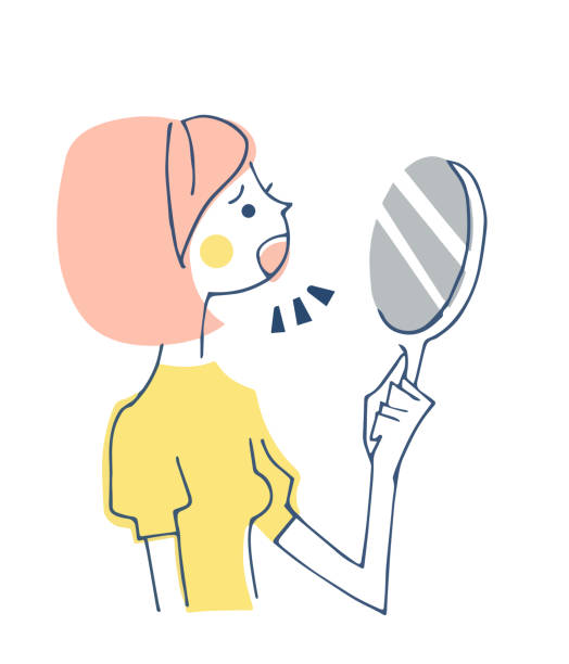 illustrations, cliparts, dessins animés et icônes de femme regardant la bouche dans le miroir - white background worried women cute