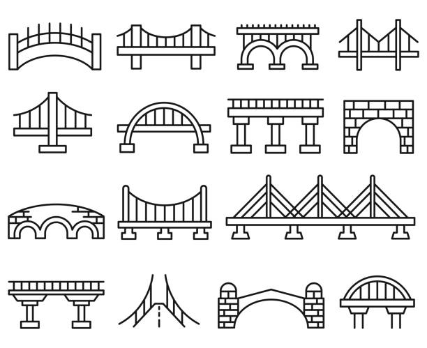 ilustraciones, imágenes clip art, dibujos animados e iconos de stock de conjunto de iconos vectoriales de puente - puente peatonal