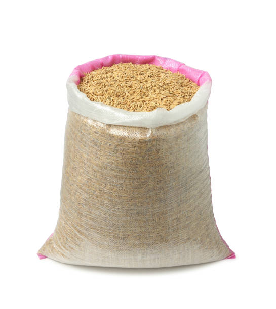 Bag of full paddy transparent sack (with clipping path) isolated on white background