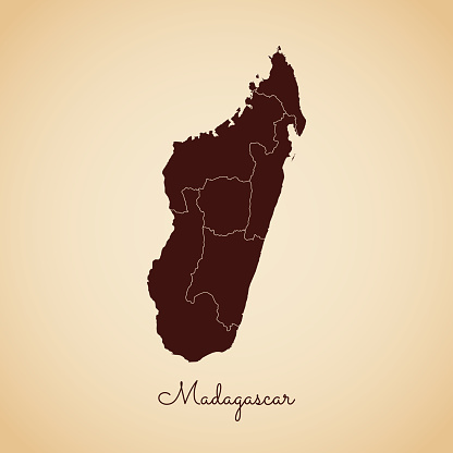 Madagascar region map: retro style brown outline on old paper background. Detailed map of Madagascar regions. Vector illustration.
