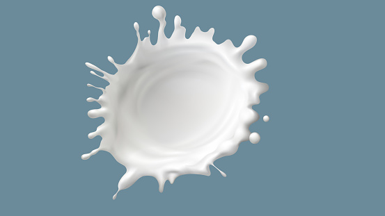 Milk splash or round swirl realistic vector illustration. Natural dairy product, yogurt or cream in crown splash with flying drops, for packaging design isolated on blue background